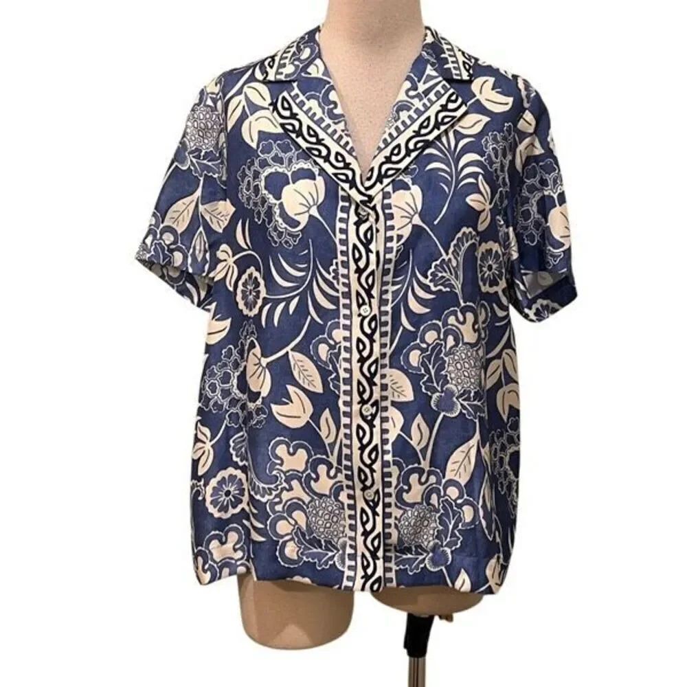 J.McLaughlin Women's Floral Button Down Bimini Top Navy Blue Cream Medium NWT